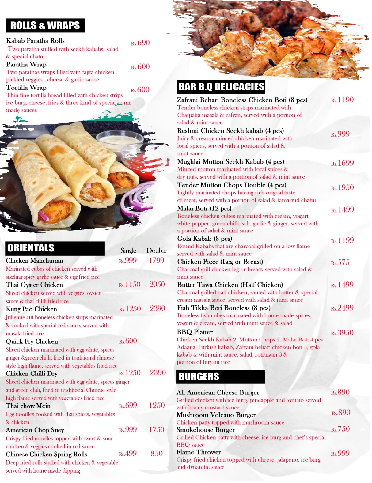 Image of a selection of the best rolls and wraps menu offered in Lahore.