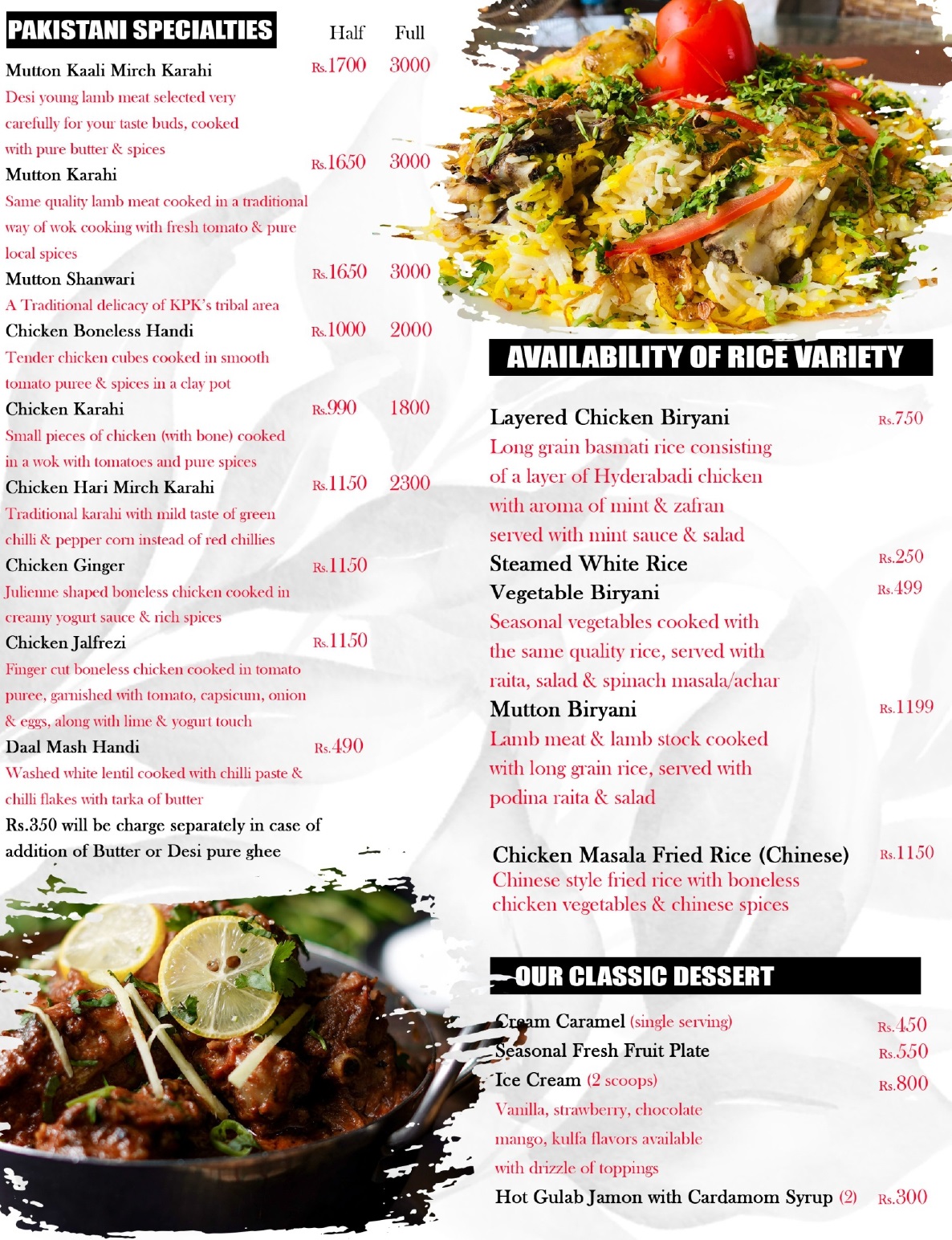 A vibrant menu showcasing a variety of delicious Pakistani specialties.